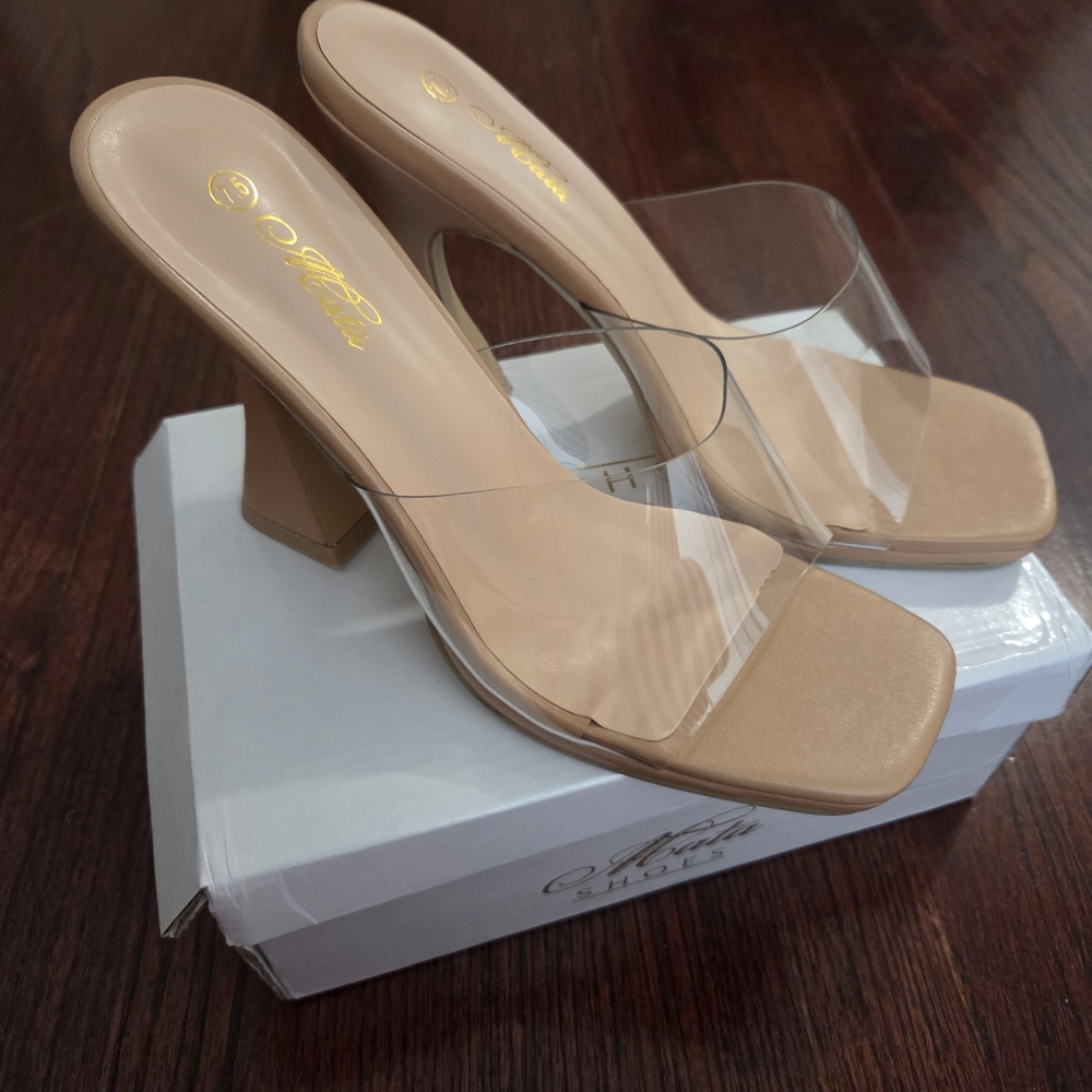 Clear and Tan Heeled Mules